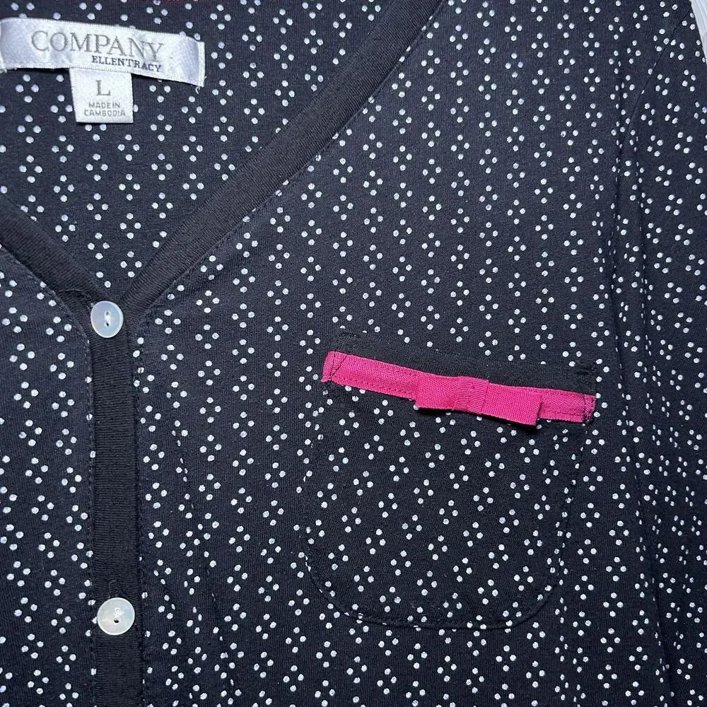 Company Ellen Tracy Pajama Top Women's Large Black Polka Dot Button Long Sleeve